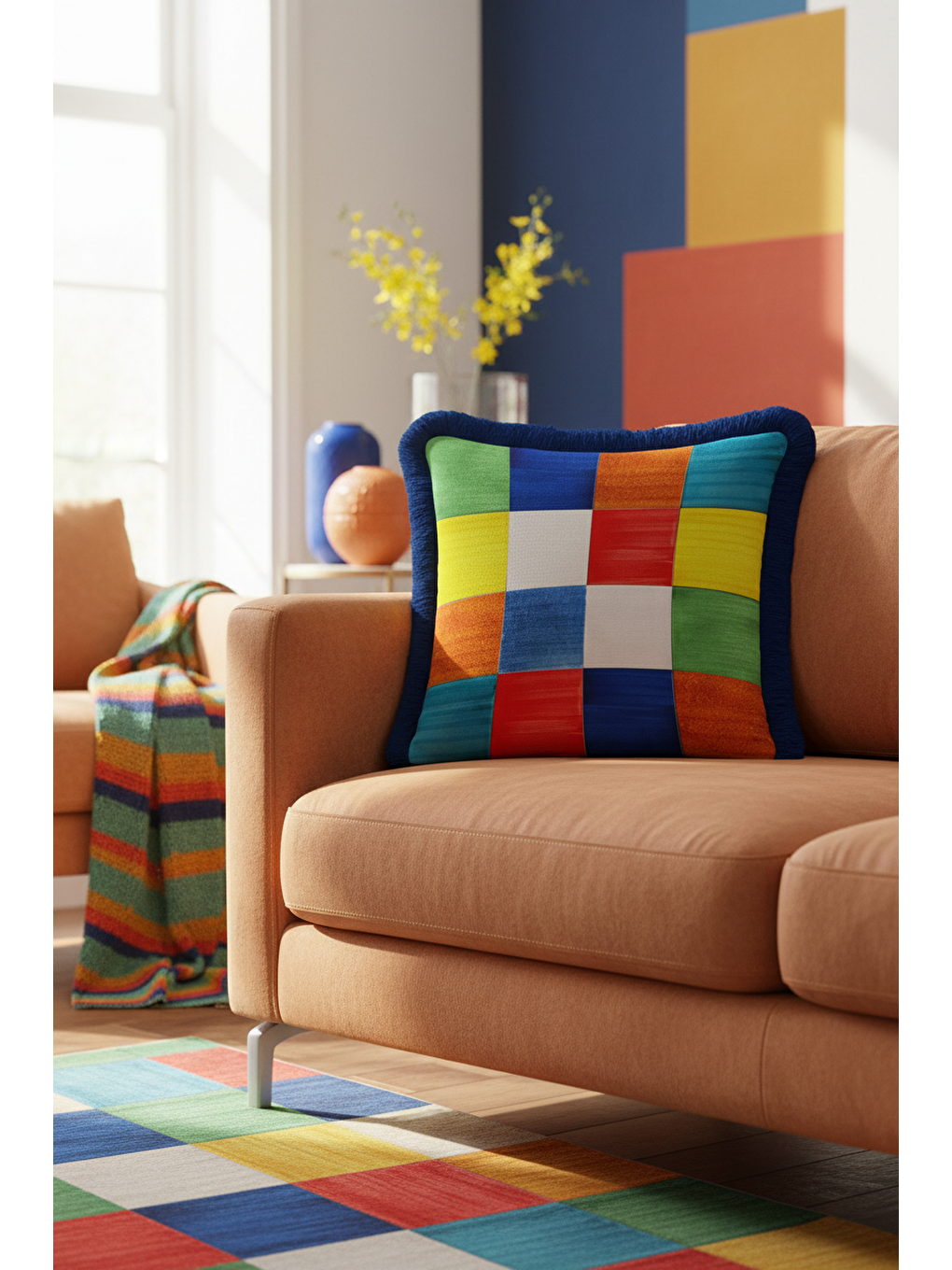 Karışık Canlı Patchwork Kare Saçaklı Yastık Kılıfı - Renkli Retro Stil Mavi Püsküllü Kırlent Kılıfı-4