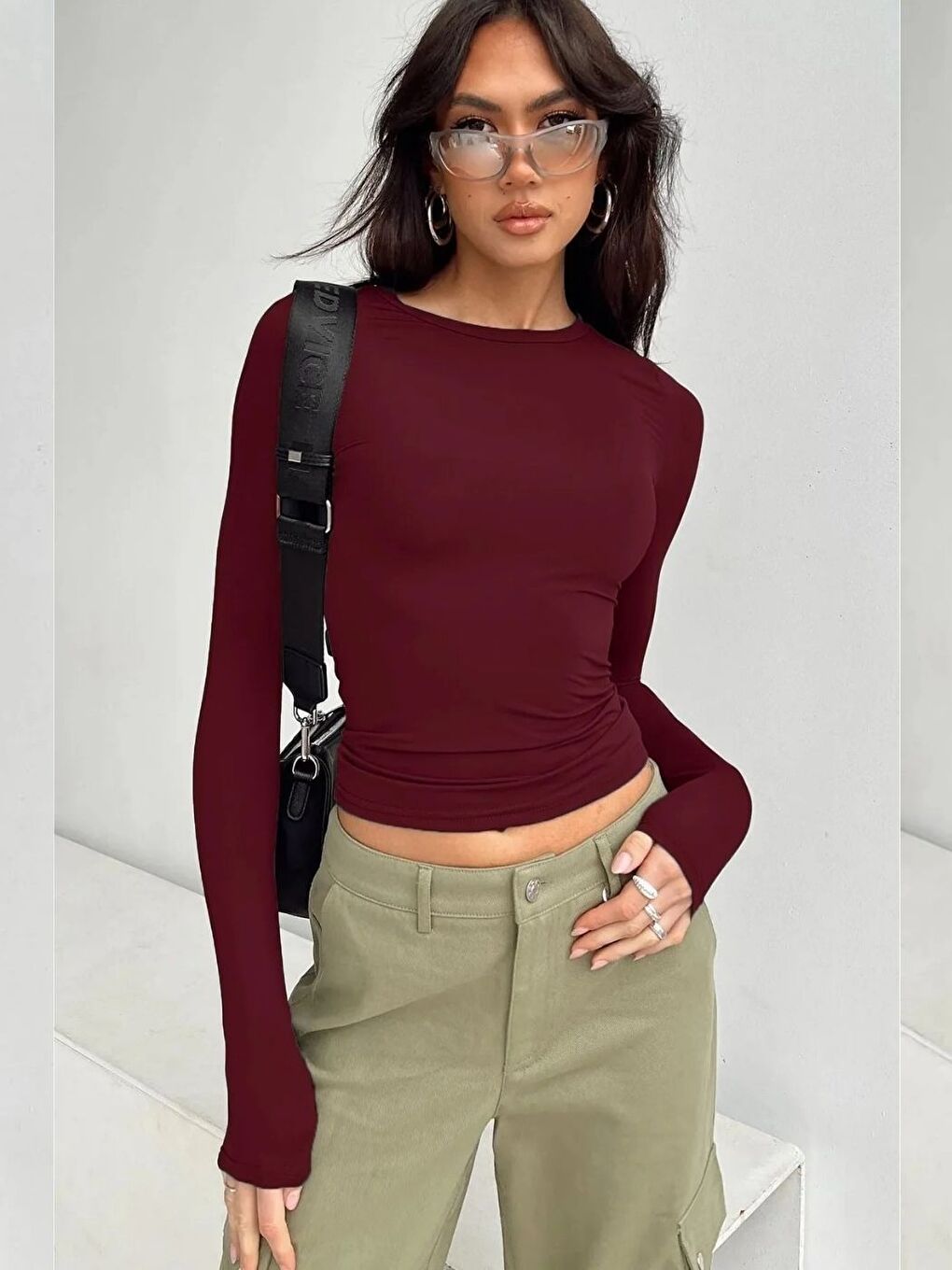 Bordo Bisiklet Yaka Basic Uzun Kollu Body Bluz