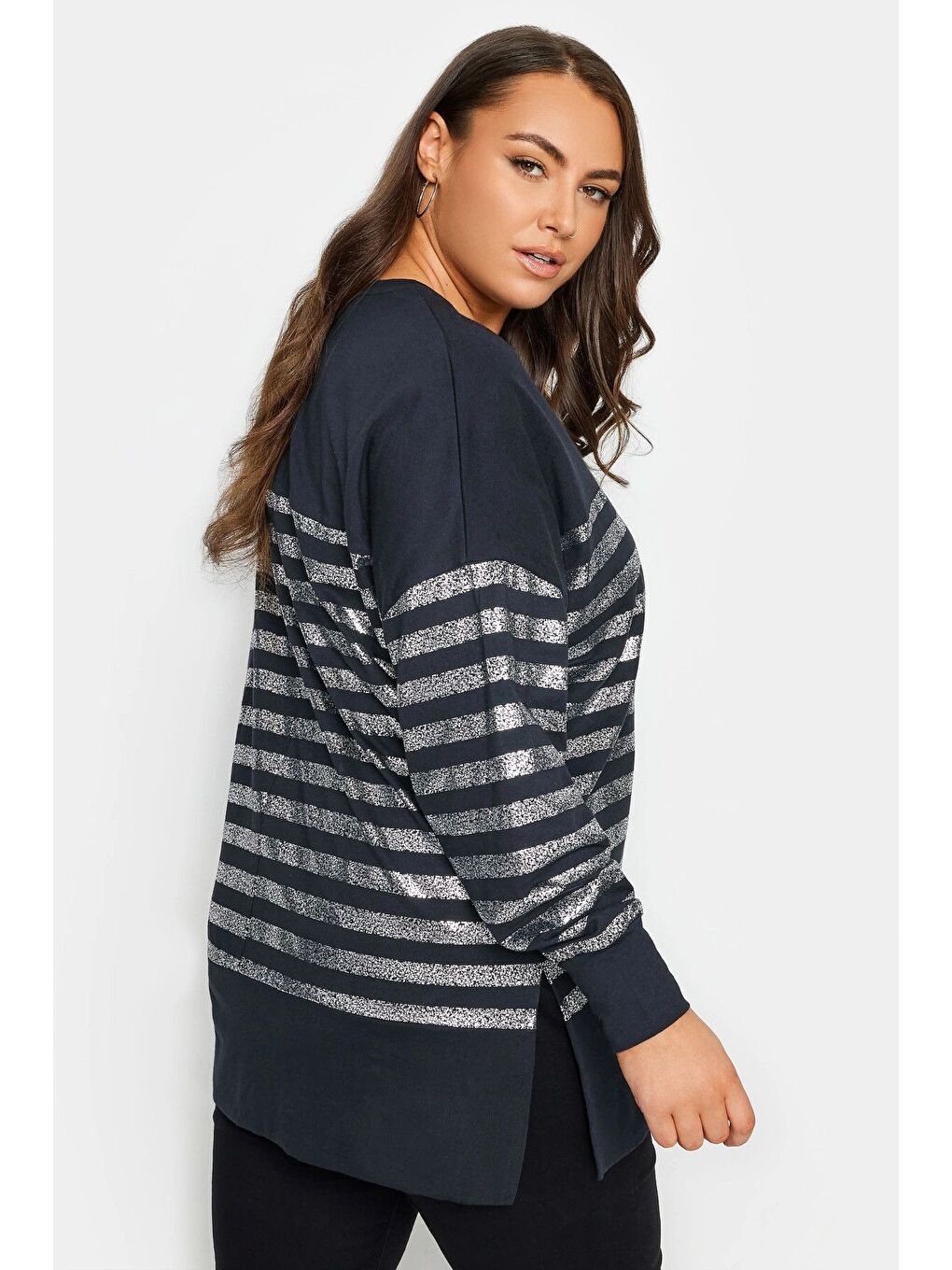 Lacivert Büyük Beden V Yaka Uzun Kollu Metalik Çizgili Sweatshirt 302790-4