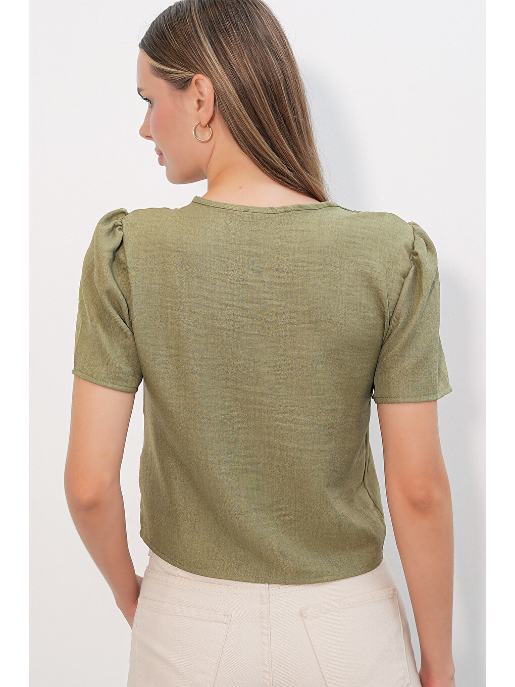 Yeşil Kadın Kısa Kol Crop Bluz 958 - Çağla-5