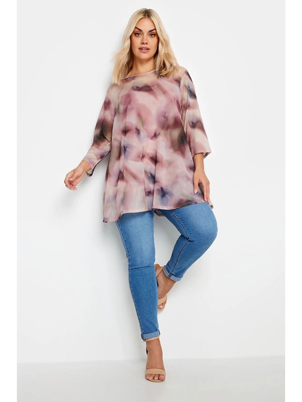Pembe Büyük Beden Bisiklet Yaka Desenli Tül Bluz 302702-1