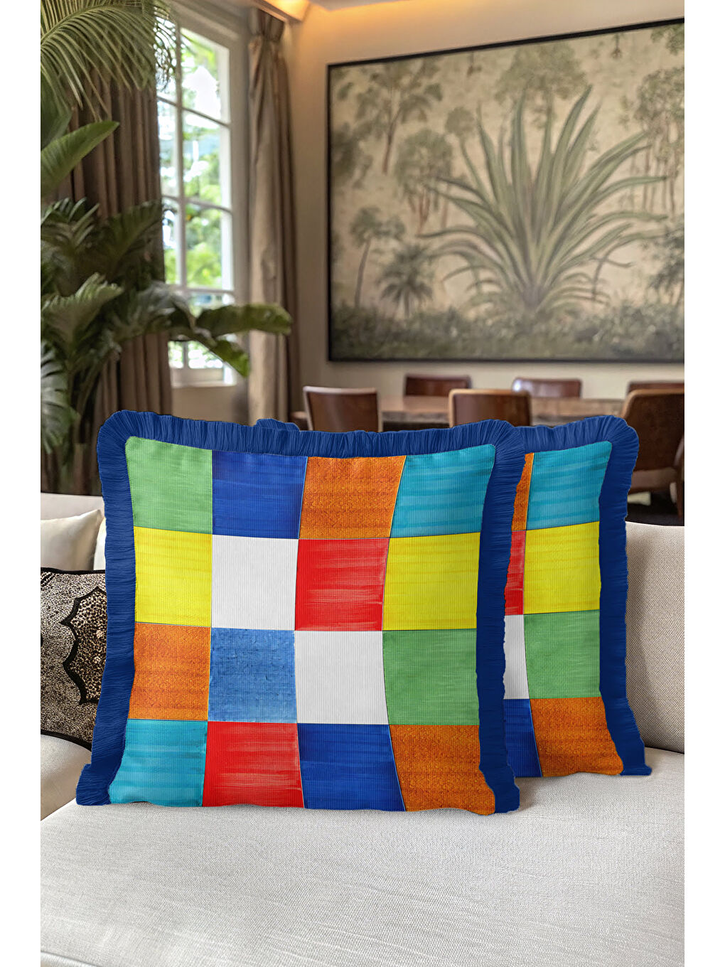 Karışık Canlı Patchwork Kare Saçaklı Yastık Kılıfı - Renkli Retro Stil Mavi Püsküllü Kırlent Kılıfı-5