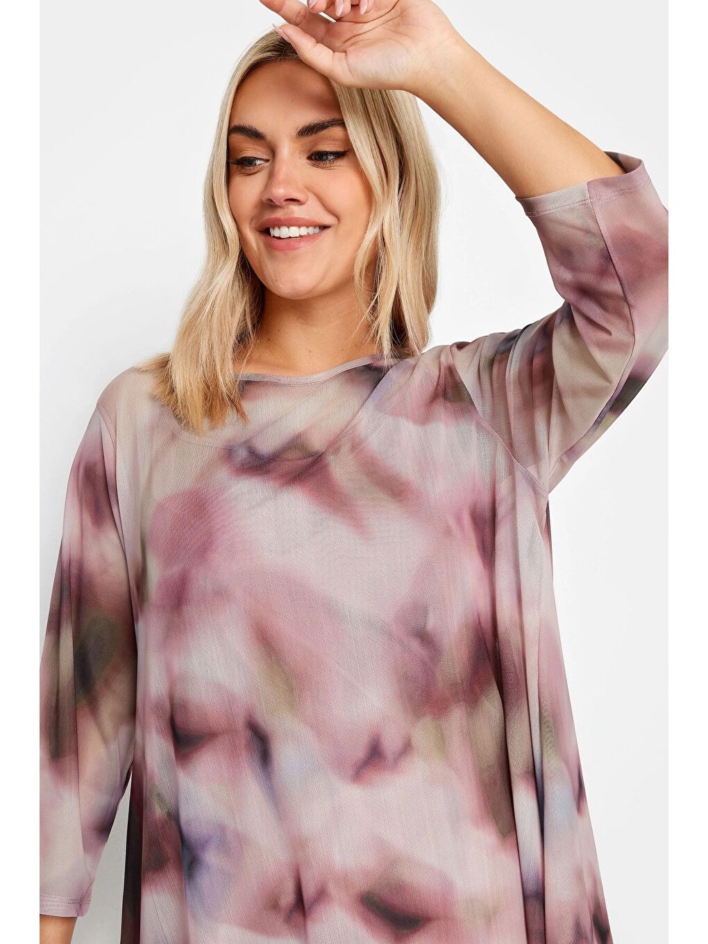 Pembe Büyük Beden Bisiklet Yaka Desenli Tül Bluz 302702-3