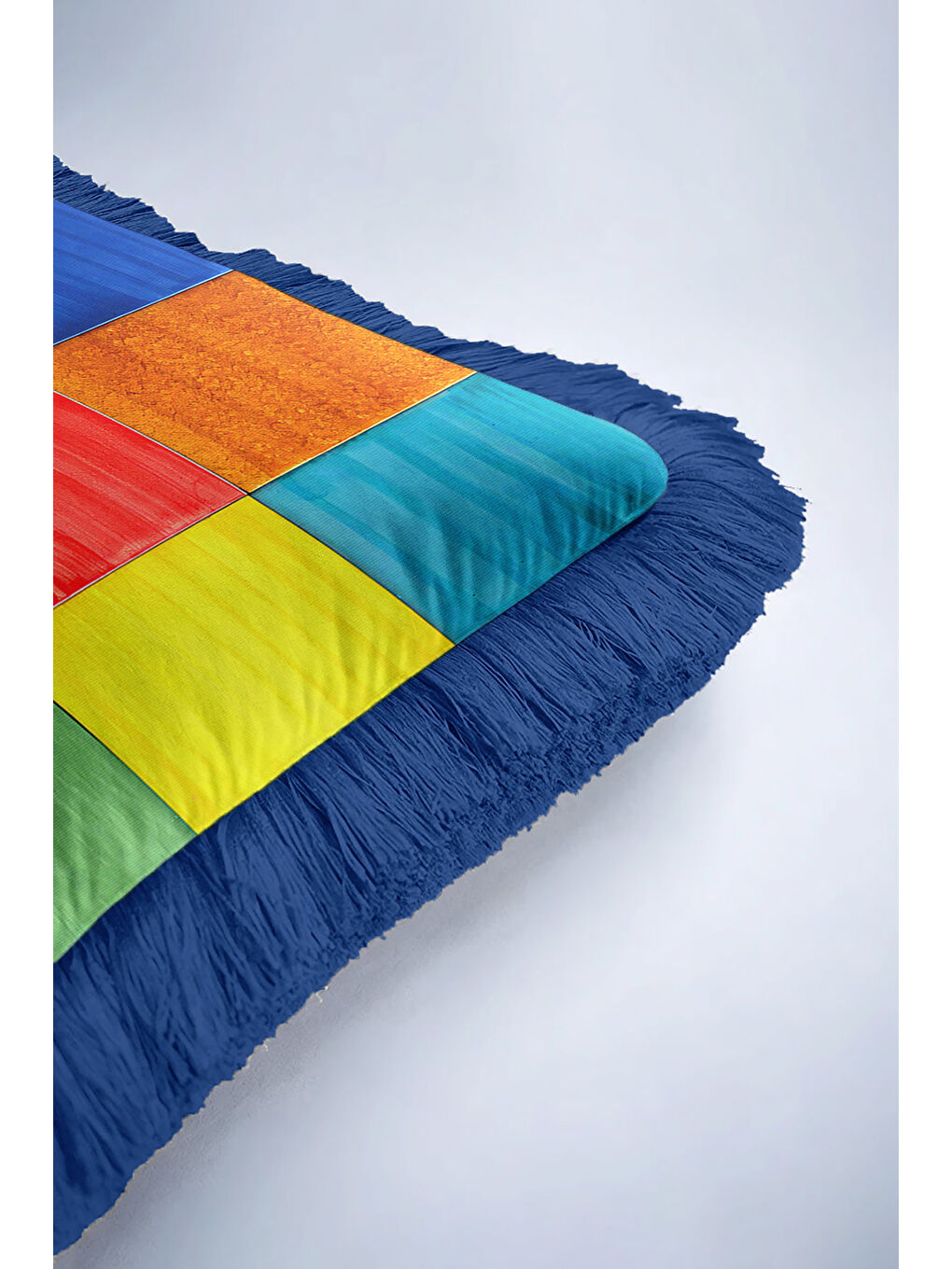 Karışık Canlı Patchwork Kare Saçaklı Yastık Kılıfı - Renkli Retro Stil Mavi Püsküllü Kırlent Kılıfı-6