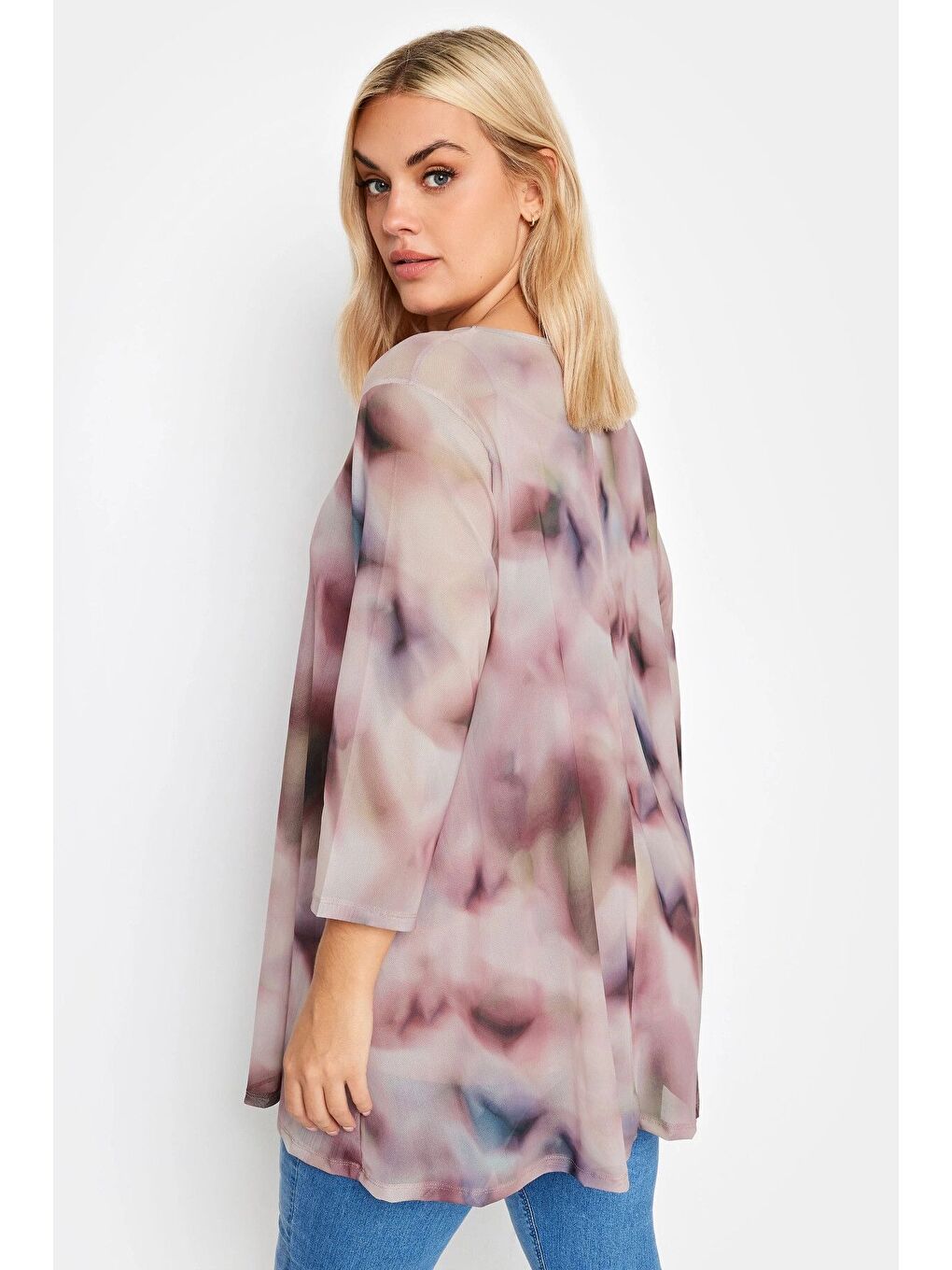 Pembe Büyük Beden Bisiklet Yaka Desenli Tül Bluz 302702-4