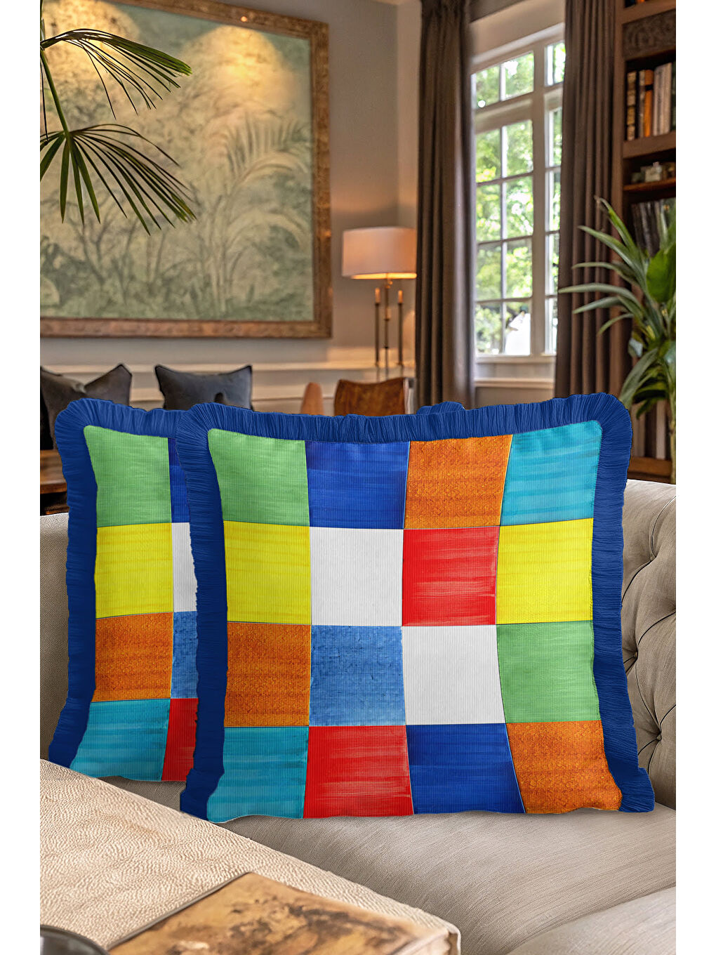 Karışık Canlı Patchwork Kare Saçaklı Yastık Kılıfı - Renkli Retro Stil Mavi Püsküllü Kırlent Kılıfı-7