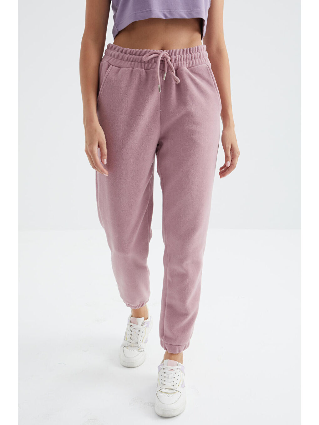 Pembe Gül Kurusu Yüksek Bel Basic Bağcıklı Jogger Polar Kadın Eşofman Alt - 94622-3