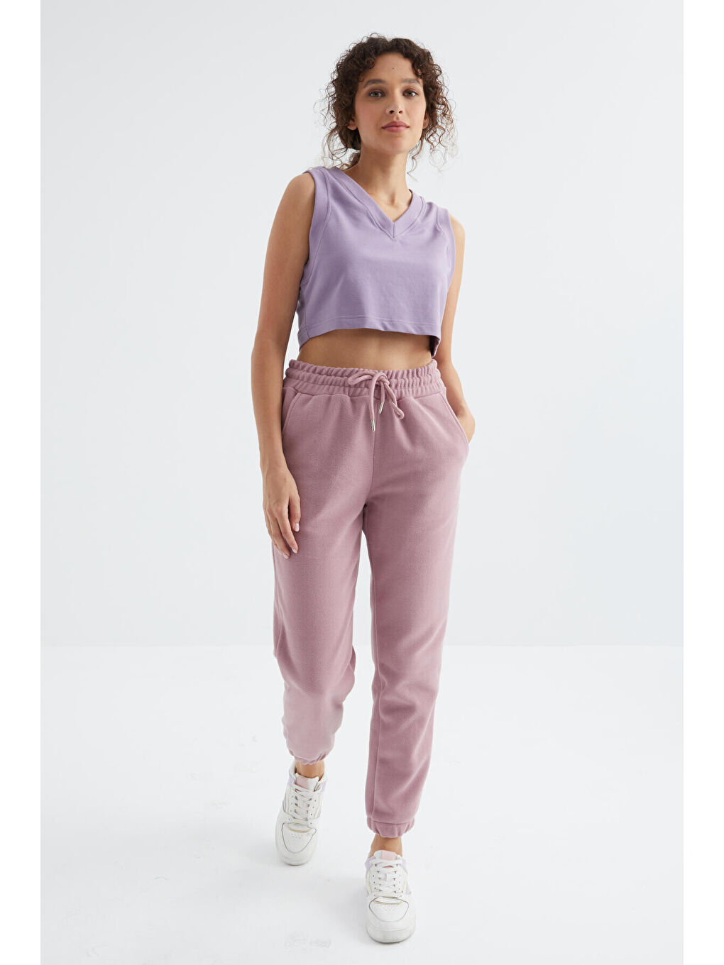 Pembe Gül Kurusu Yüksek Bel Basic Bağcıklı Jogger Polar Kadın Eşofman Alt - 94622-4