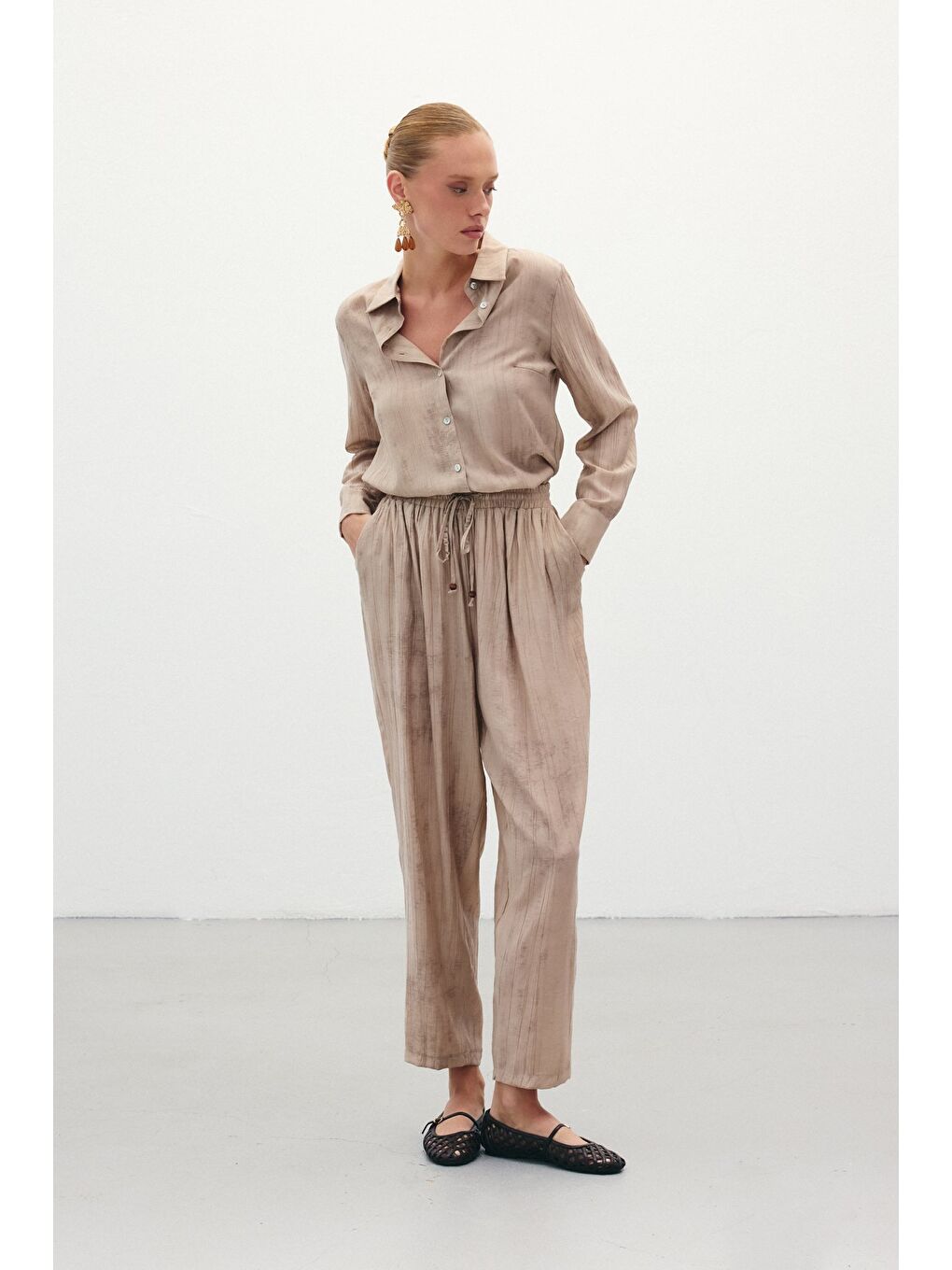 Batık Desenli Pantolon - Bej-3