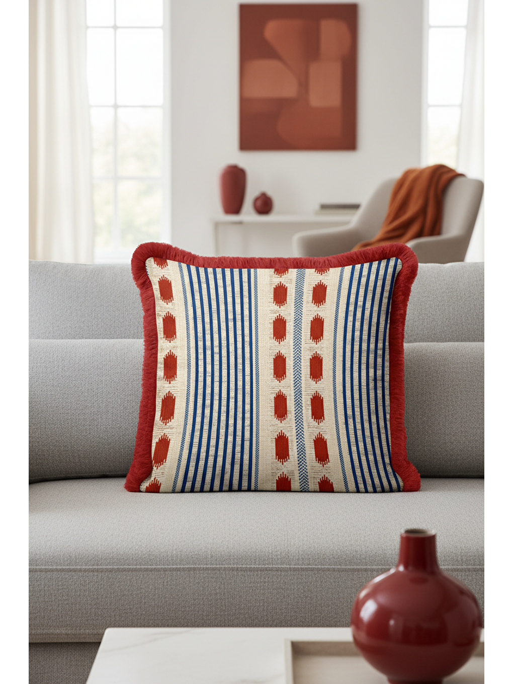 Karışık Etnik Çizgi Saçaklı Yastık Kılıfı - Bohem Tarz Krem Kırmızı Mavi Püsküllü Kırlent Kılıfı-1