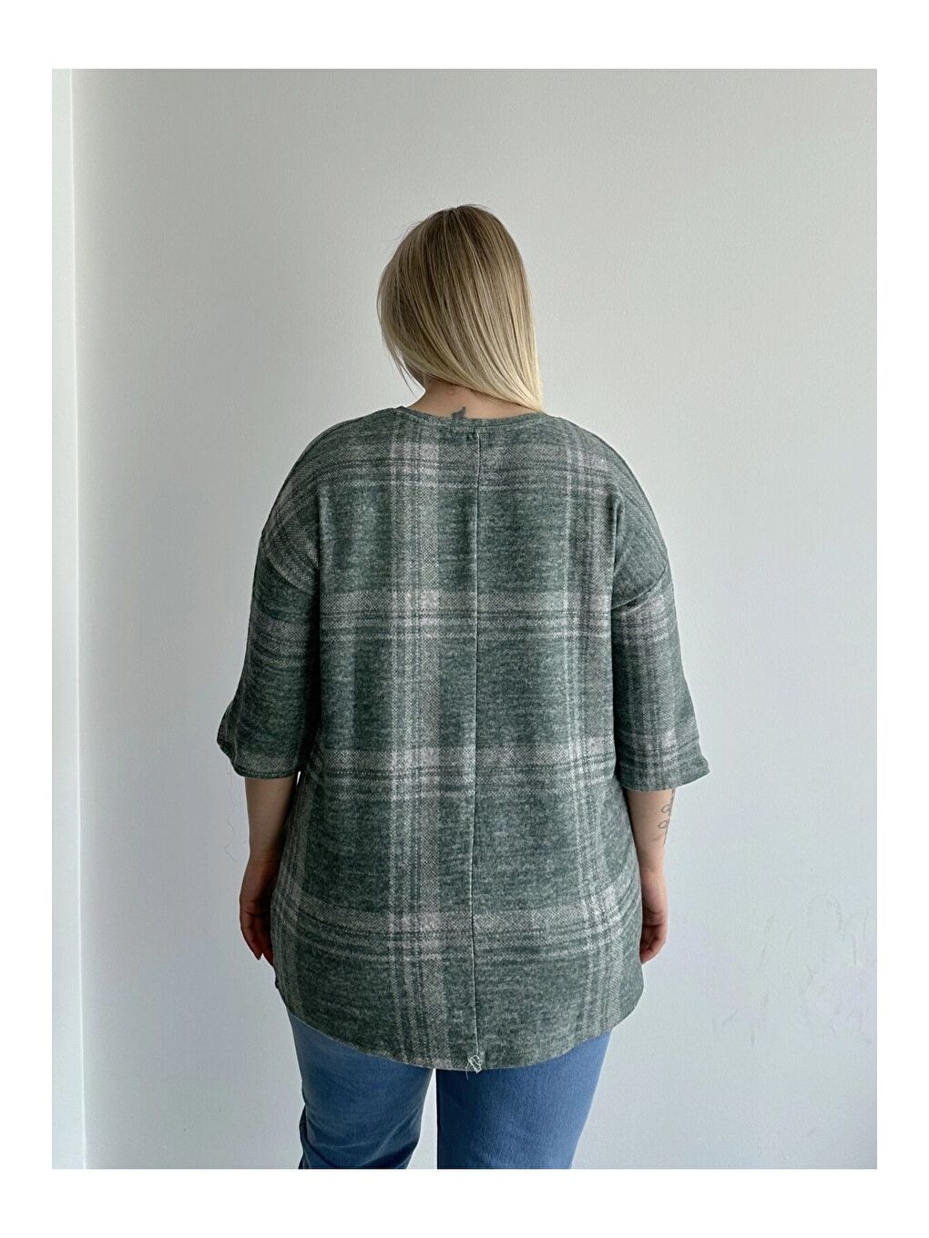 Yeşil Büyük Beden Yarım Kollu Düğme Detaylı Yumuşak Dokulu Kazak 302780-5