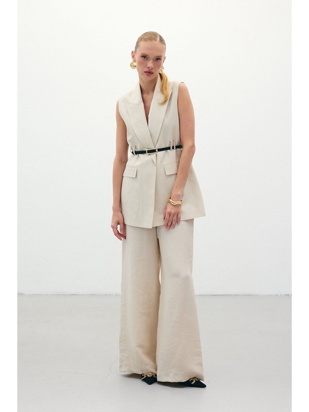 Bej Salaş Keten Pantolon - Taş