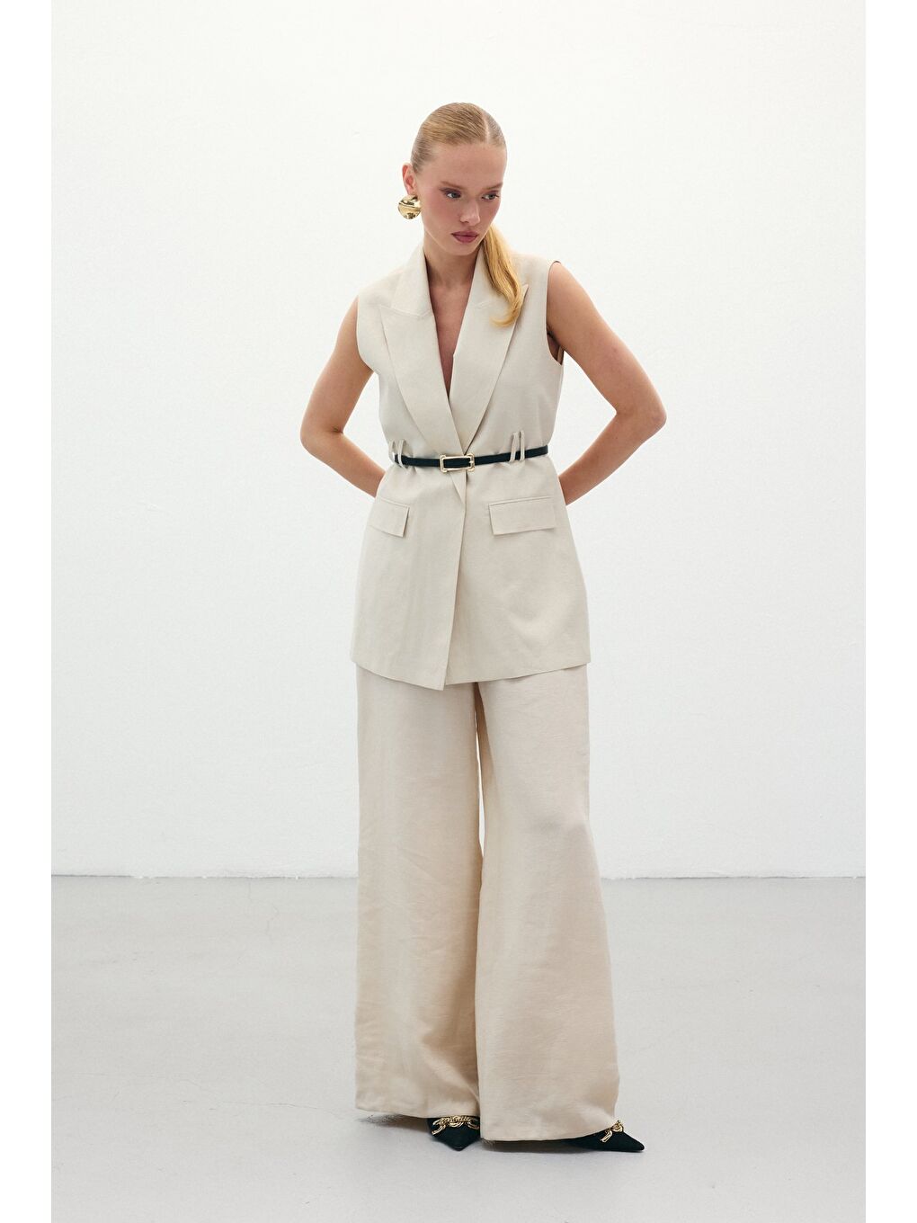 Bej Salaş Keten Pantolon - Taş-1