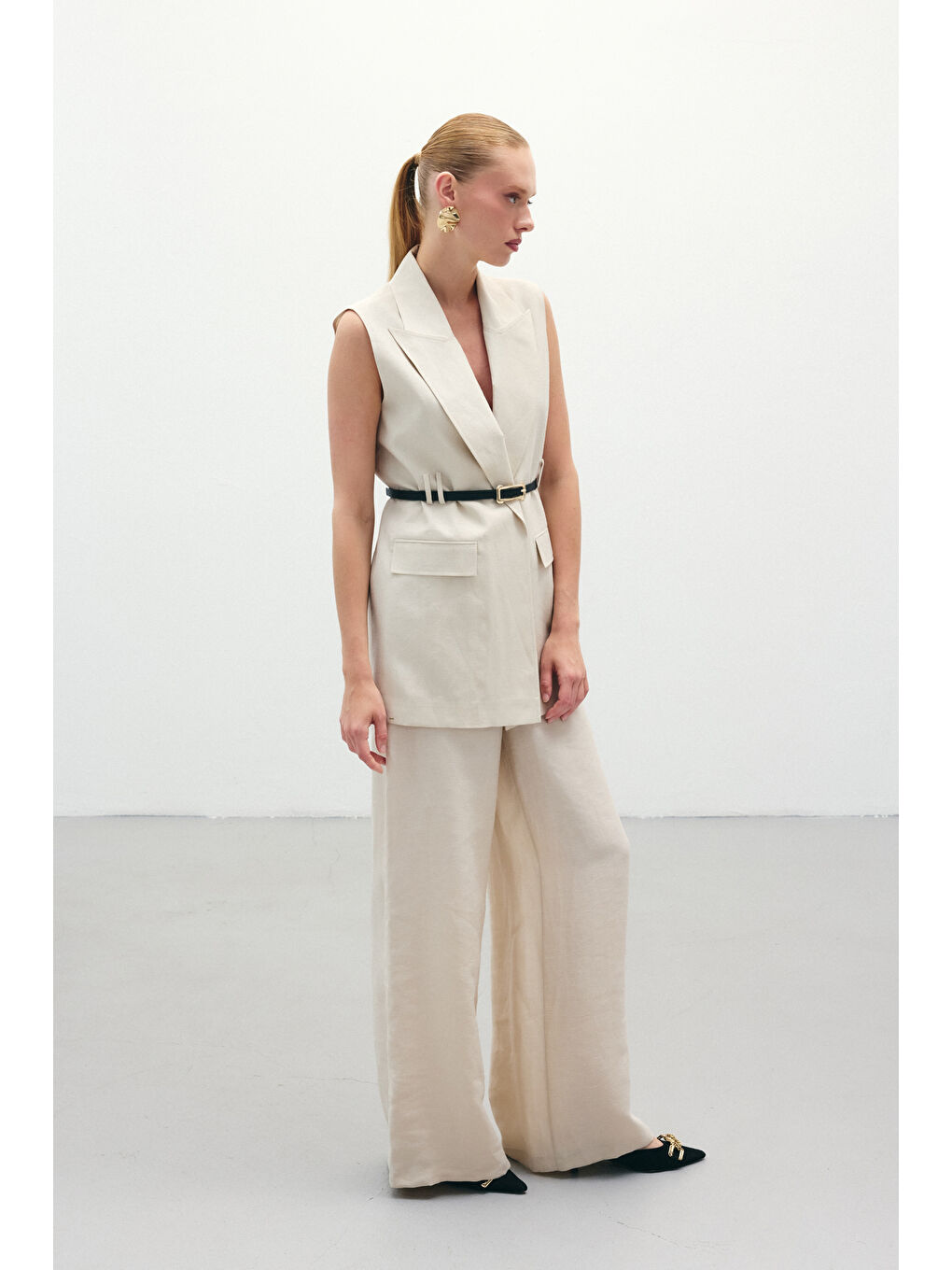 Bej Salaş Keten Pantolon - Taş-2