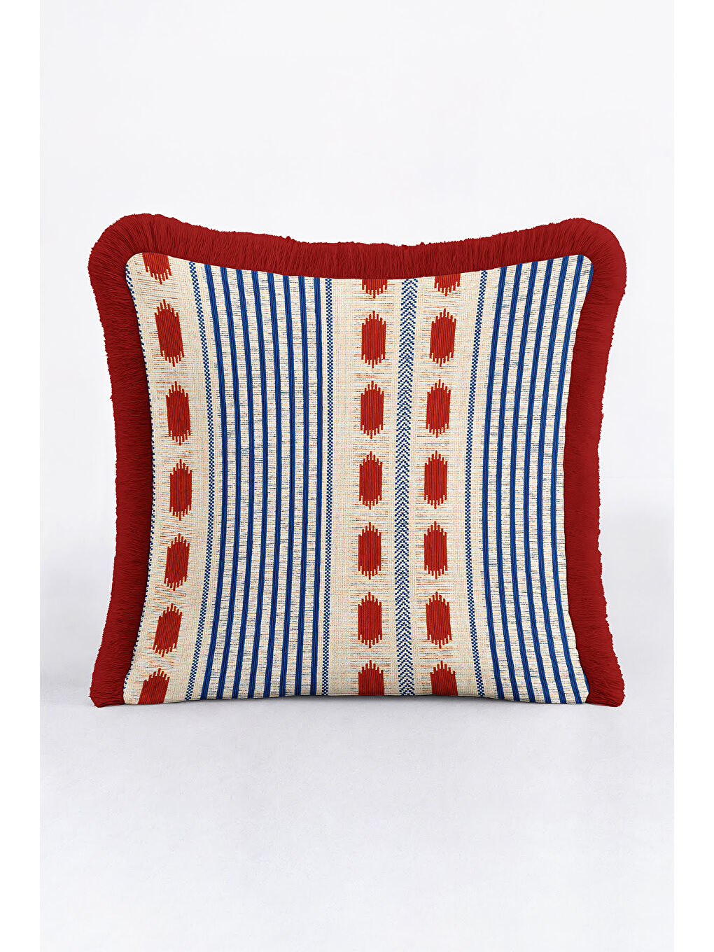 Karışık Etnik Çizgi Saçaklı Yastık Kılıfı - Bohem Tarz Krem Kırmızı Mavi Püsküllü Kırlent Kılıfı-2