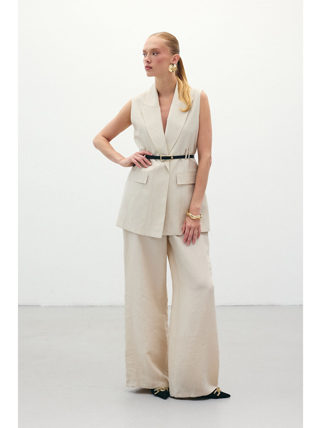 Bej Salaş Keten Pantolon - Taş-3