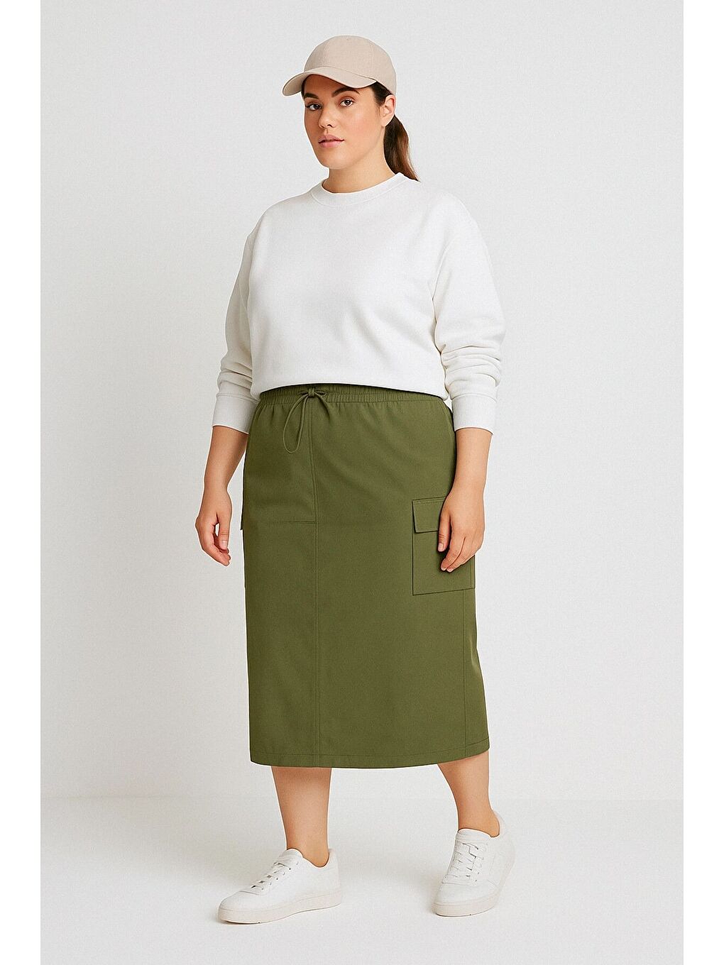 Haki Büyük Beden Midi Boy Beli Büzgülü Arkadan Yırtmaçlı Kargo Etek 302037