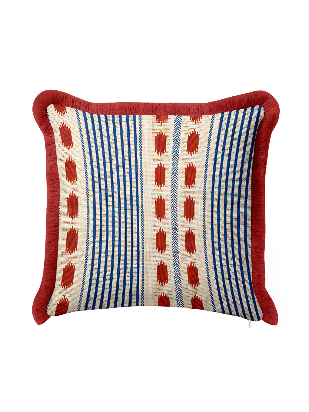 Karışık Etnik Çizgi Saçaklı Yastık Kılıfı - Bohem Tarz Krem Kırmızı Mavi Püsküllü Kırlent Kılıfı-3