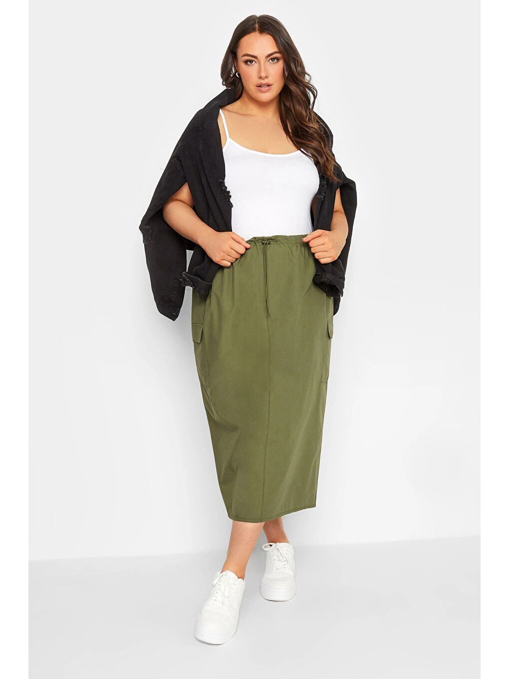 Haki Büyük Beden Midi Boy Beli Büzgülü Arkadan Yırtmaçlı Kargo Etek 302037-1