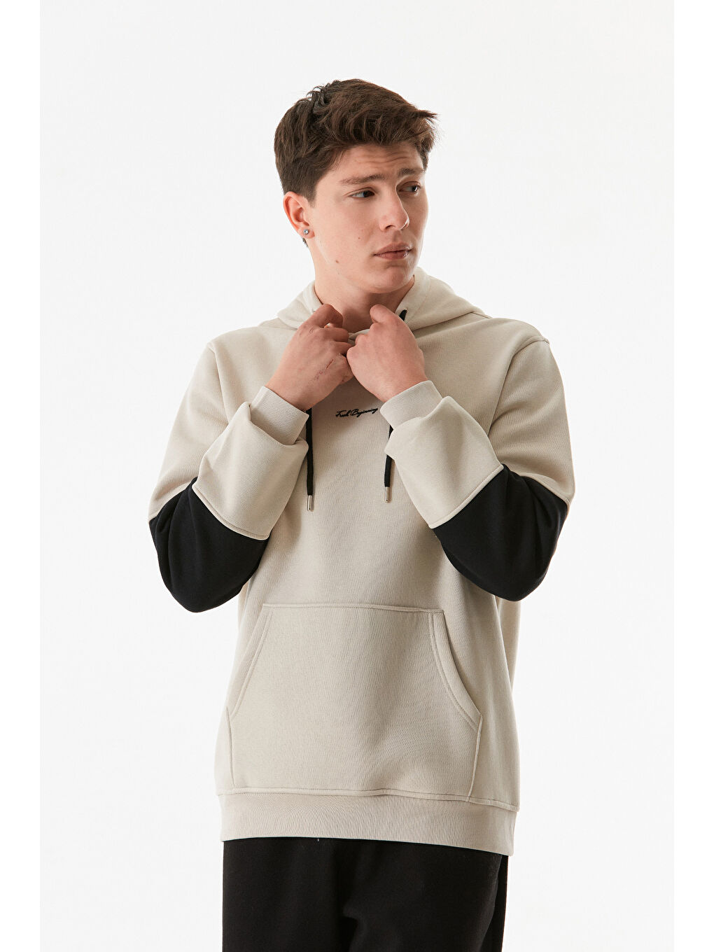 Bej Yazı Baskılı Kanguru Cepli Kapüşonlu Erkek Hoodie