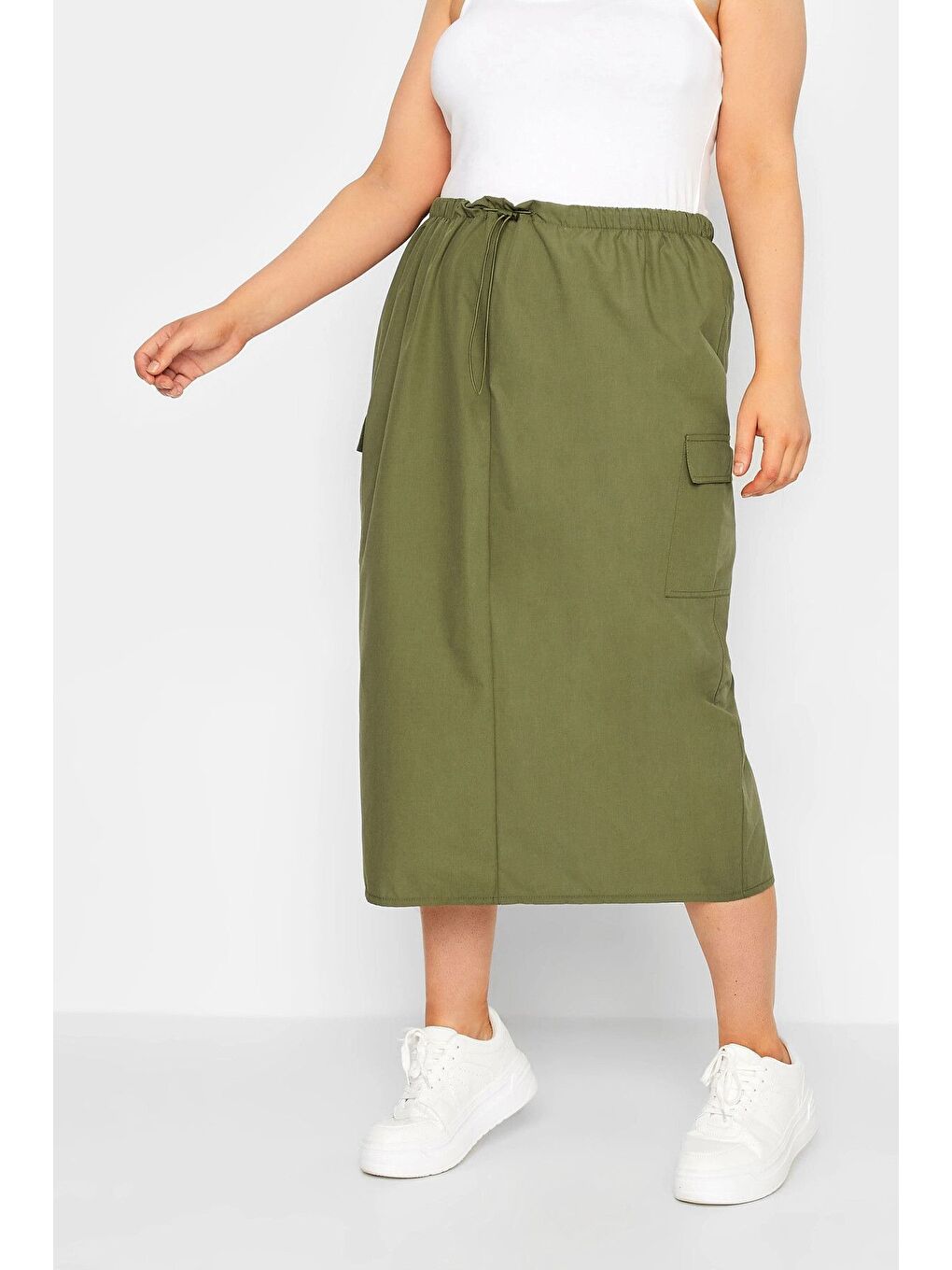 Haki Büyük Beden Midi Boy Beli Büzgülü Arkadan Yırtmaçlı Kargo Etek 302037-2