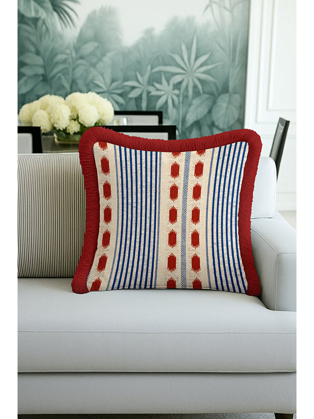 Karışık Etnik Çizgi Saçaklı Yastık Kılıfı - Bohem Tarz Krem Kırmızı Mavi Püsküllü Kırlent Kılıfı-4