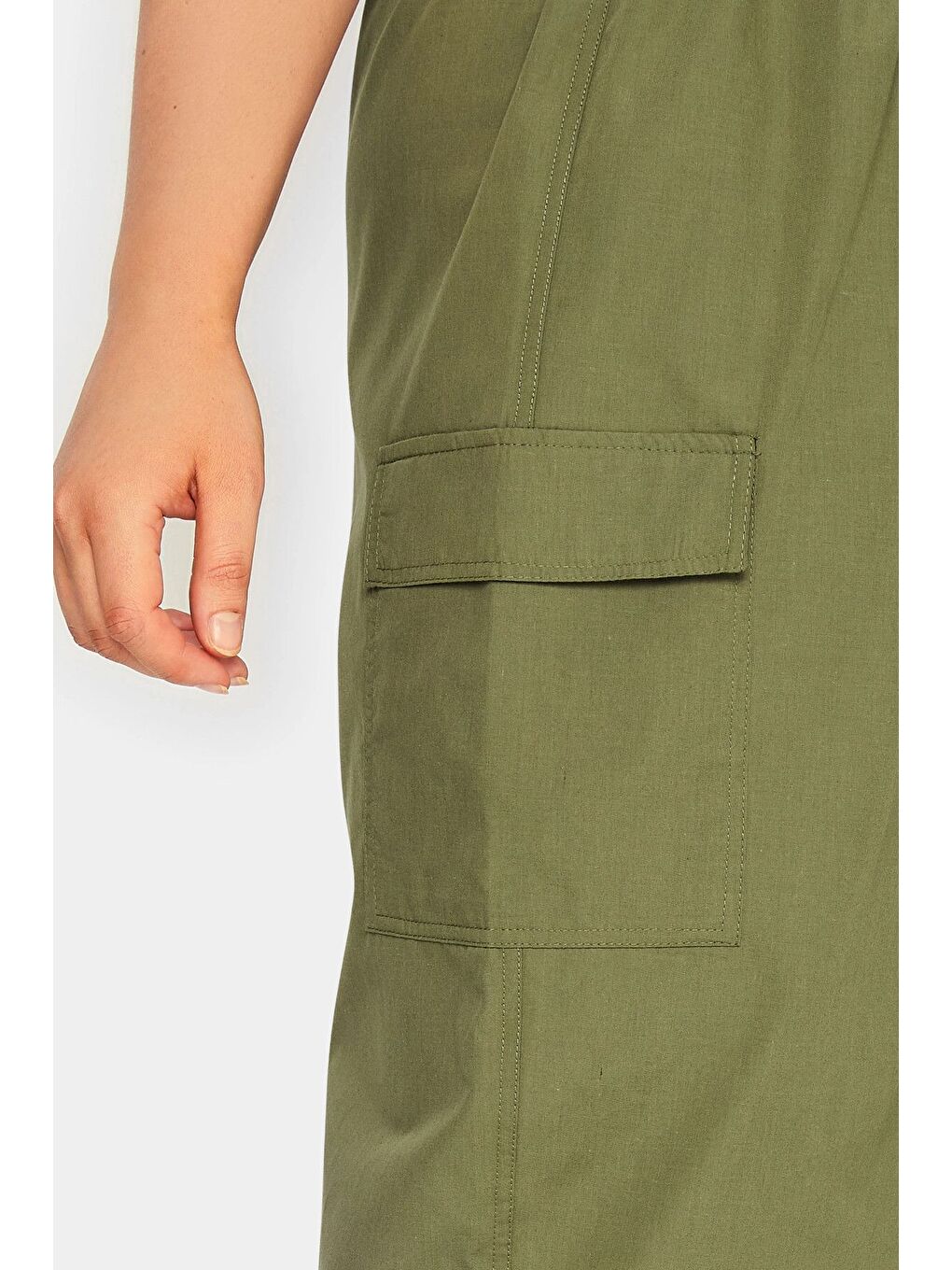 Haki Büyük Beden Midi Boy Beli Büzgülü Arkadan Yırtmaçlı Kargo Etek 302037-4