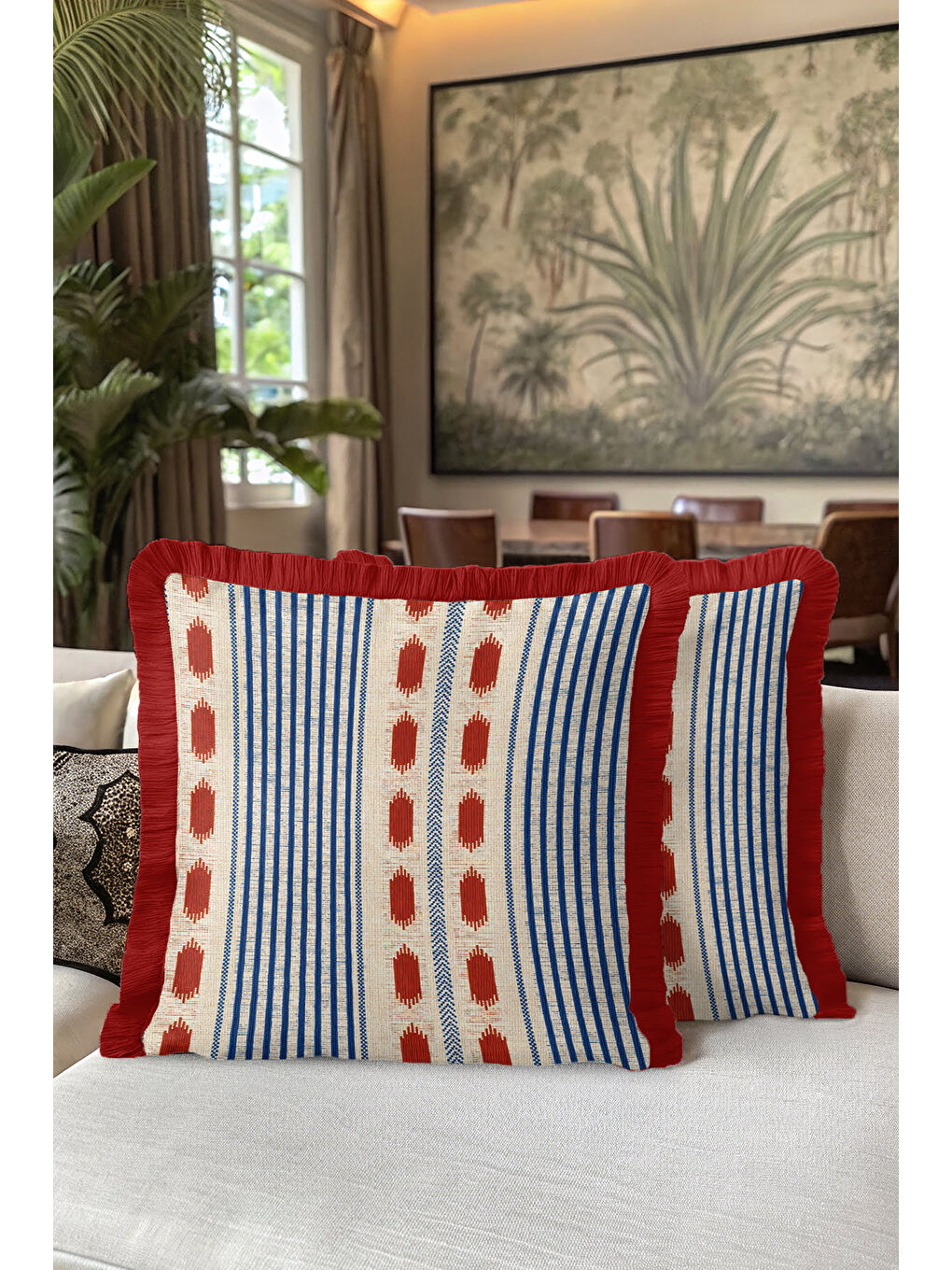 Karışık Etnik Çizgi Saçaklı Yastık Kılıfı - Bohem Tarz Krem Kırmızı Mavi Püsküllü Kırlent Kılıfı-5