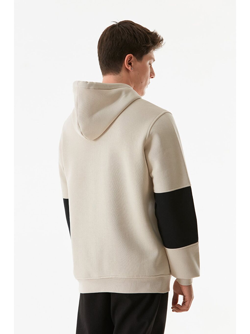 Bej Yazı Baskılı Kanguru Cepli Kapüşonlu Erkek Hoodie-3