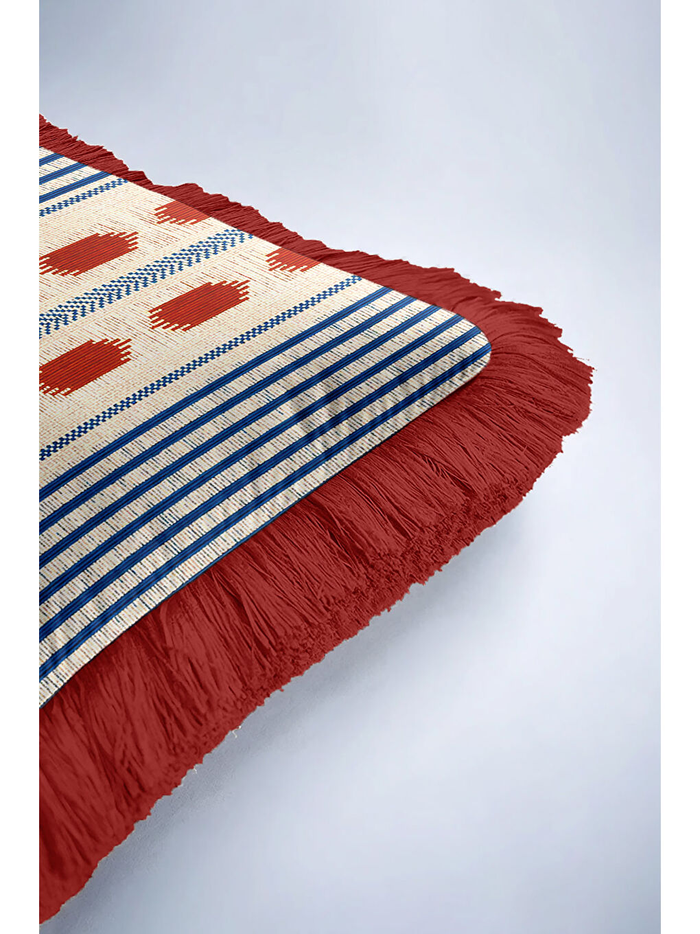 Karışık Etnik Çizgi Saçaklı Yastık Kılıfı - Bohem Tarz Krem Kırmızı Mavi Püsküllü Kırlent Kılıfı-6