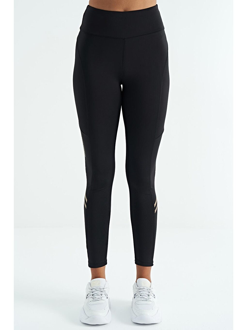 Siyah Şerit Detaylı Dalgıç Kumaş Slim Fit Yüksek Bel  Kadın Tayt - 94637