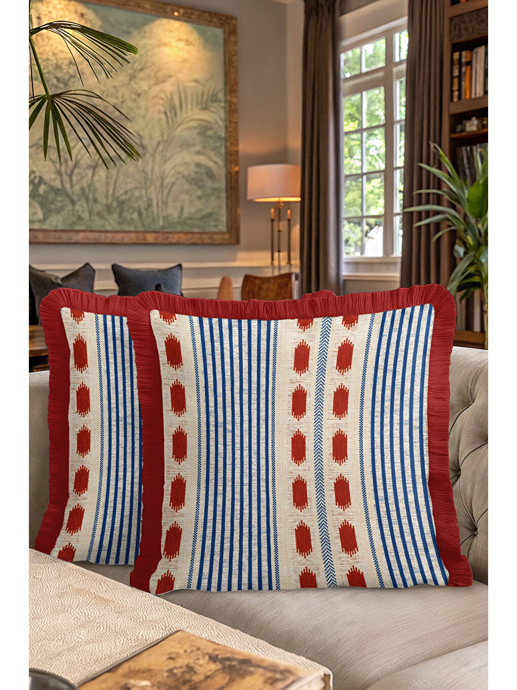 Karışık Etnik Çizgi Saçaklı Yastık Kılıfı - Bohem Tarz Krem Kırmızı Mavi Püsküllü Kırlent Kılıfı-7
