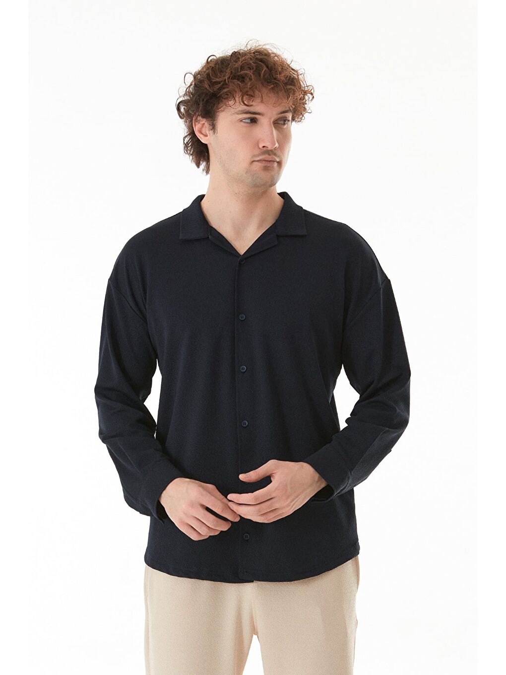 Lacivert Basic Düğmeli Elastanlı Gömlek-1