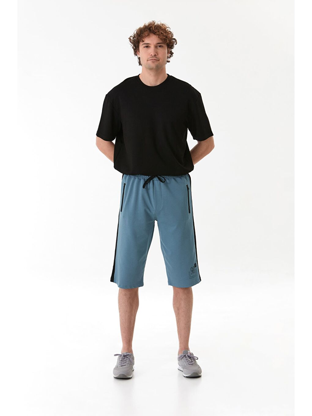 Mavi 98 Baskılı Cebi Fermuarlı Kapri-2