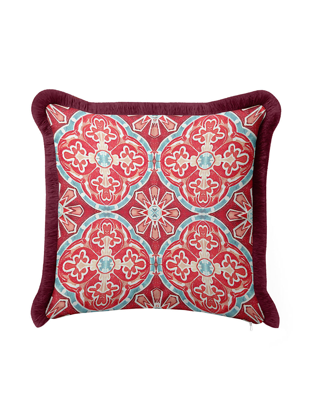 Karışık Saray Motifli Saçaklı Yastık Kılıfı - Neo Klasik Bohem Bordo Mavi Püsküllü Kırlent Kılıfı