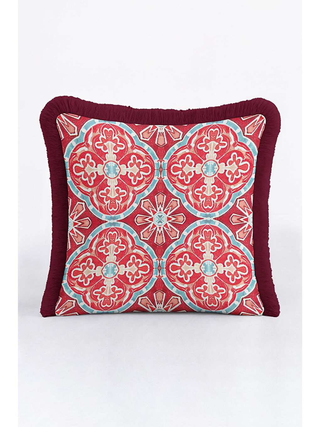 Karışık Saray Motifli Saçaklı Yastık Kılıfı - Neo Klasik Bohem Bordo Mavi Püsküllü Kırlent Kılıfı-1