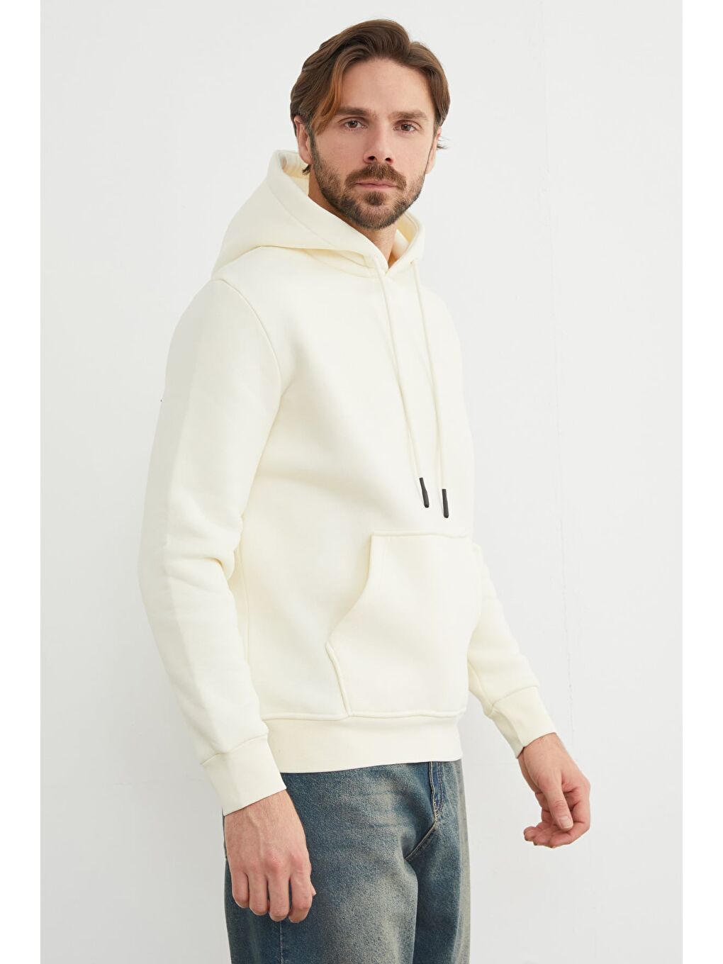Ekru Kanguru Cepli Kapüşonlu Erkek Hoodie-1