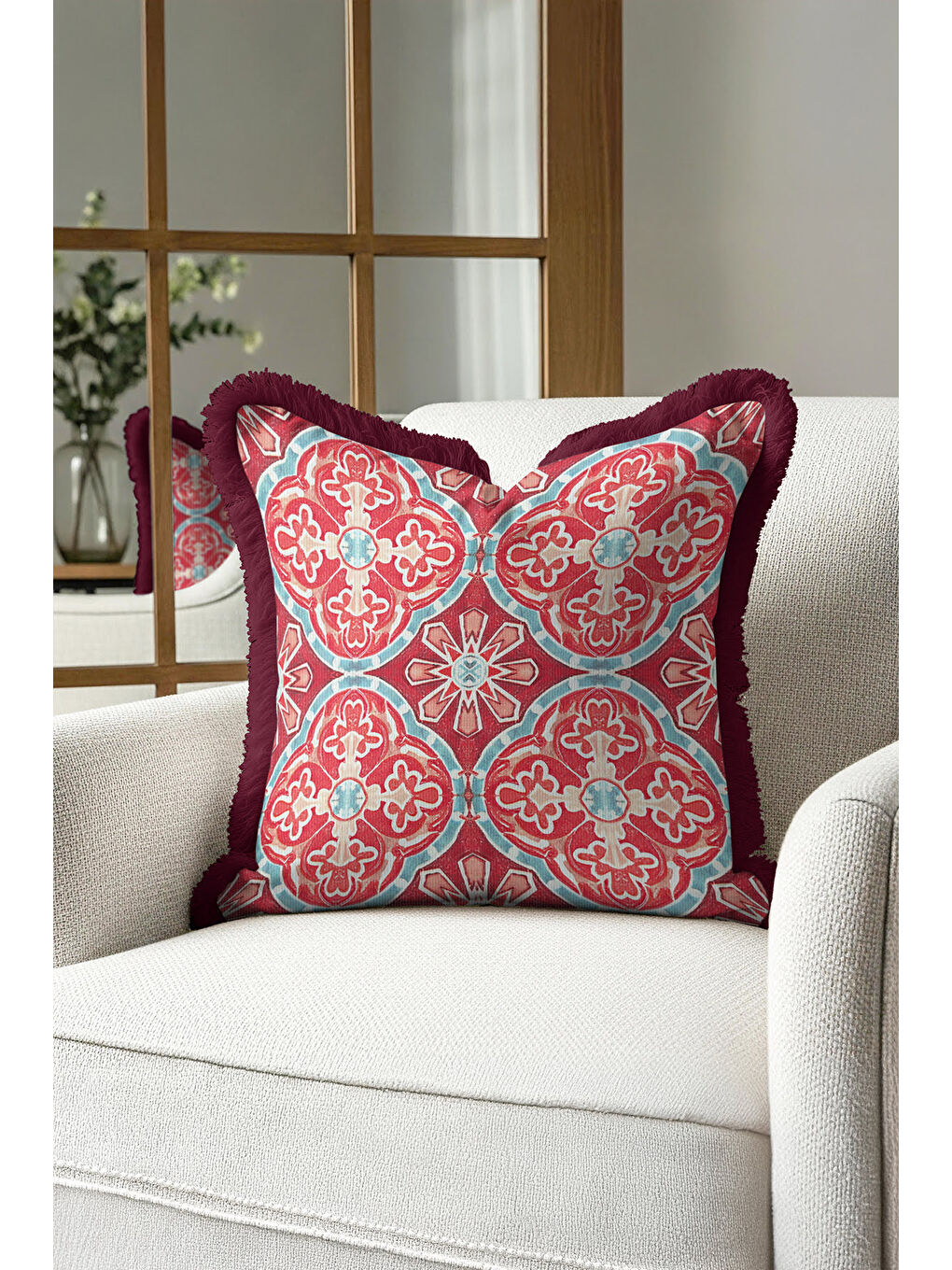 Karışık Saray Motifli Saçaklı Yastık Kılıfı - Neo Klasik Bohem Bordo Mavi Püsküllü Kırlent Kılıfı-2