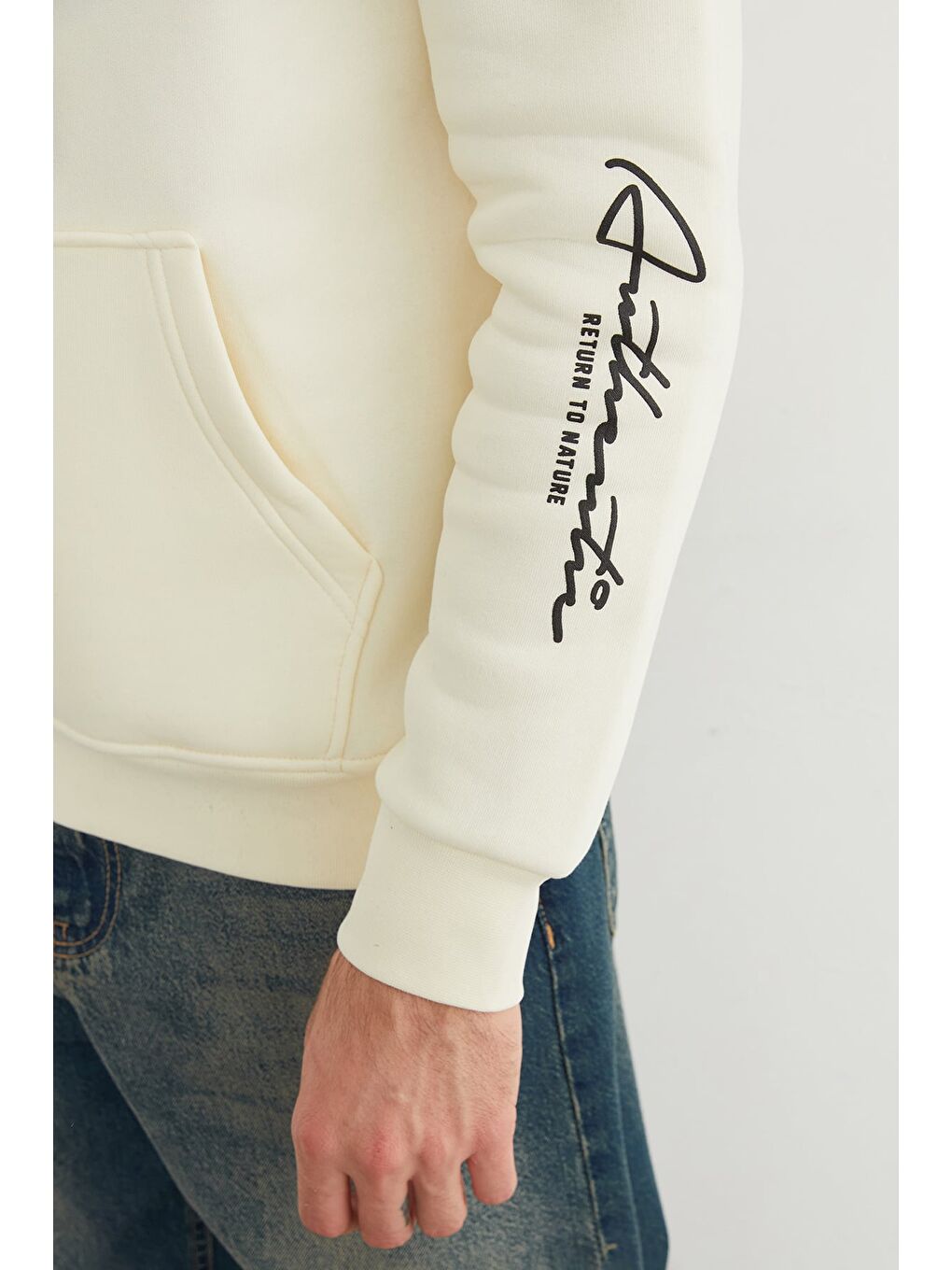 Ekru Kanguru Cepli Kapüşonlu Erkek Hoodie-3