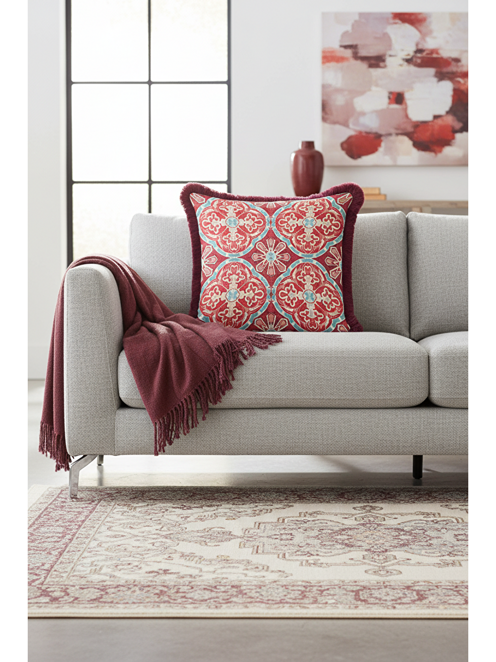 Karışık Saray Motifli Saçaklı Yastık Kılıfı - Neo Klasik Bohem Bordo Mavi Püsküllü Kırlent Kılıfı-3