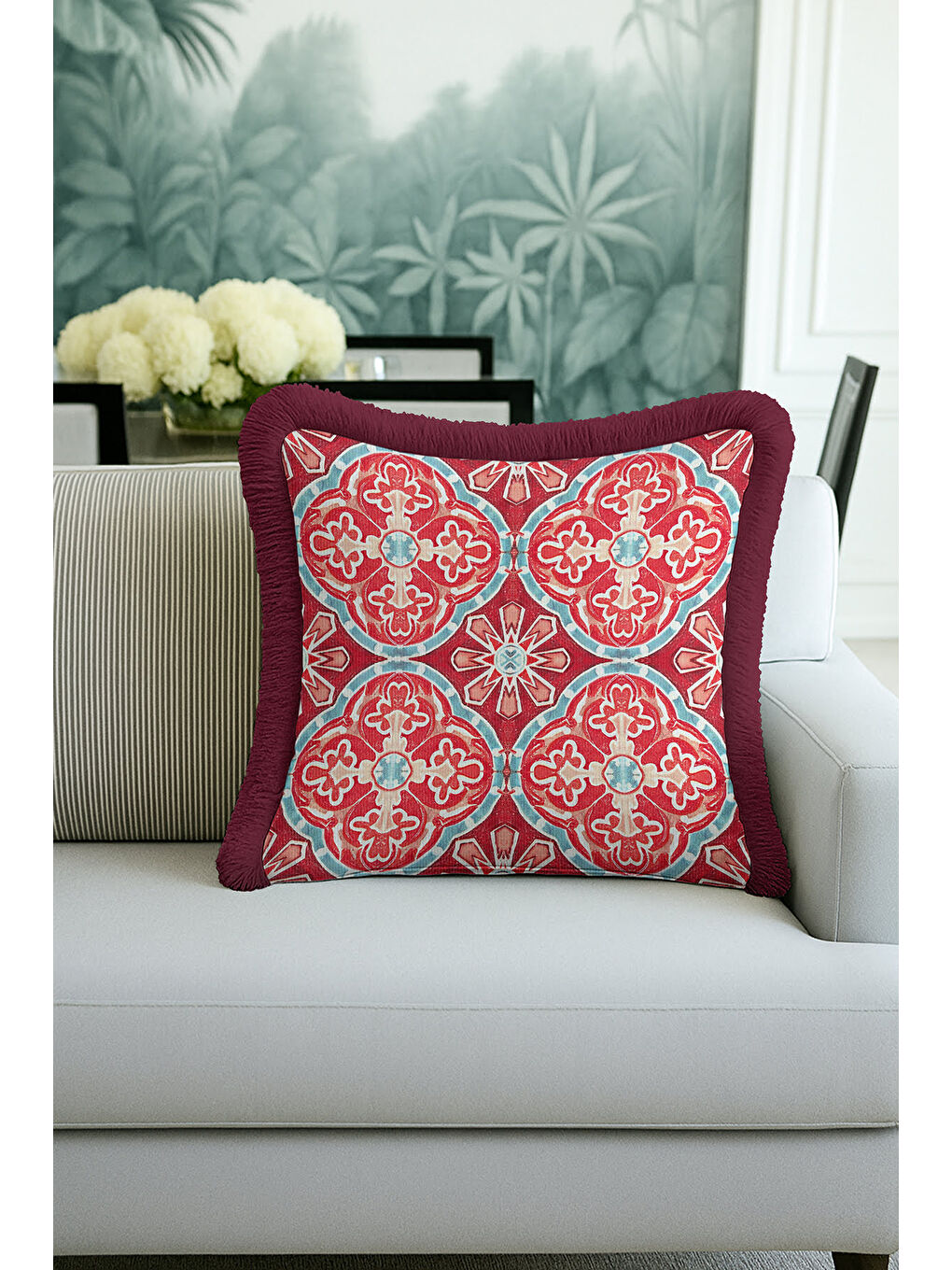 Karışık Saray Motifli Saçaklı Yastık Kılıfı - Neo Klasik Bohem Bordo Mavi Püsküllü Kırlent Kılıfı-4