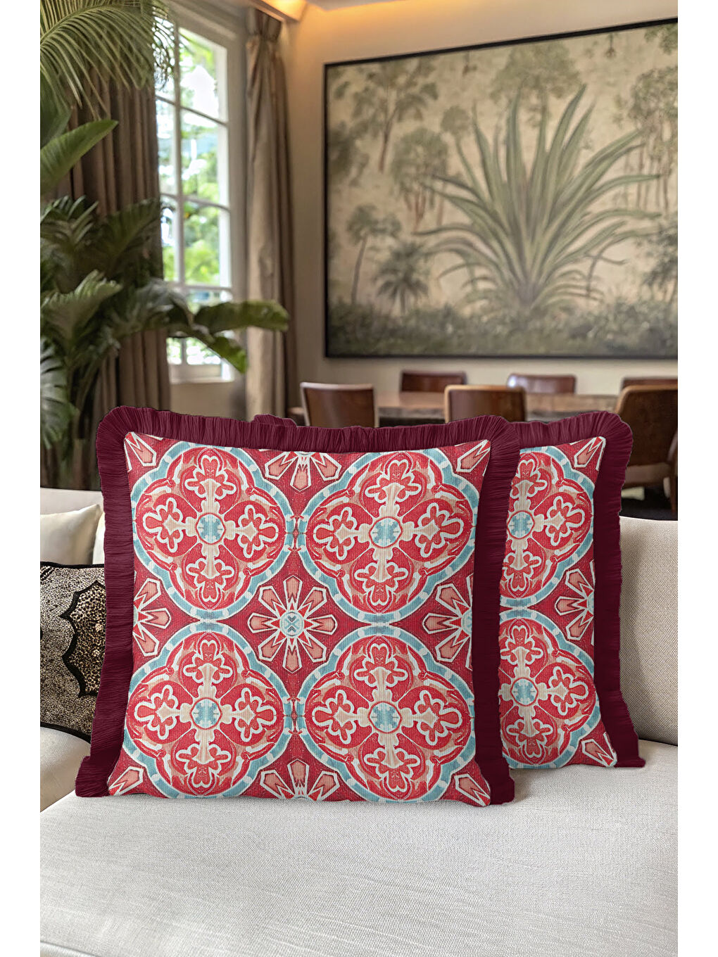 Karışık Saray Motifli Saçaklı Yastık Kılıfı - Neo Klasik Bohem Bordo Mavi Püsküllü Kırlent Kılıfı-5