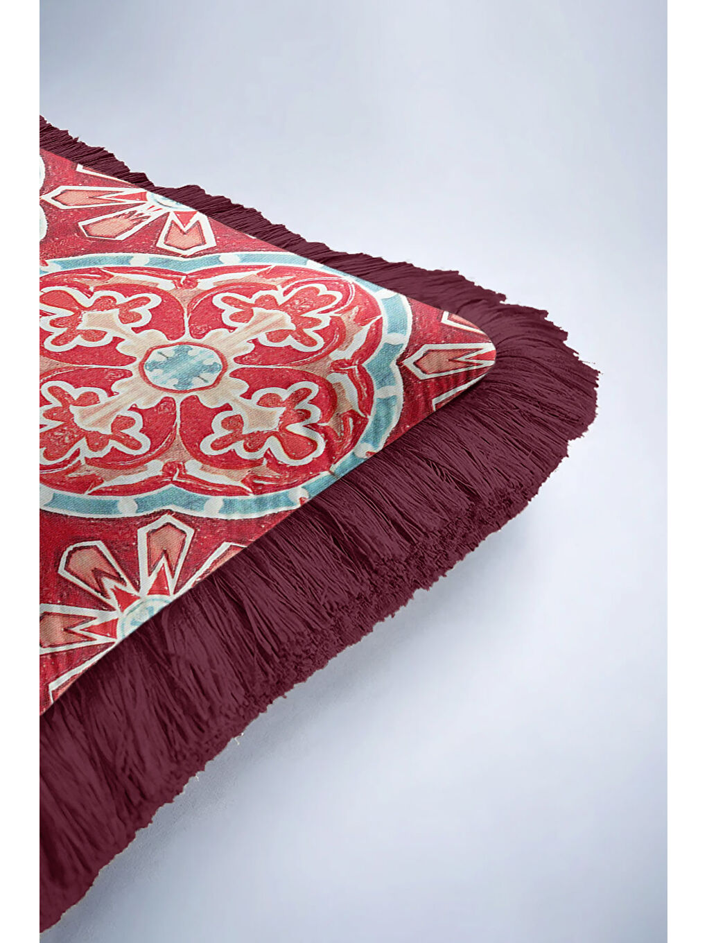 Karışık Saray Motifli Saçaklı Yastık Kılıfı - Neo Klasik Bohem Bordo Mavi Püsküllü Kırlent Kılıfı-6
