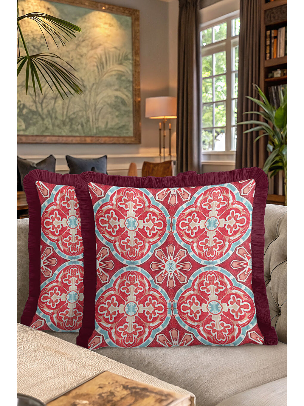 Karışık Saray Motifli Saçaklı Yastık Kılıfı - Neo Klasik Bohem Bordo Mavi Püsküllü Kırlent Kılıfı-7