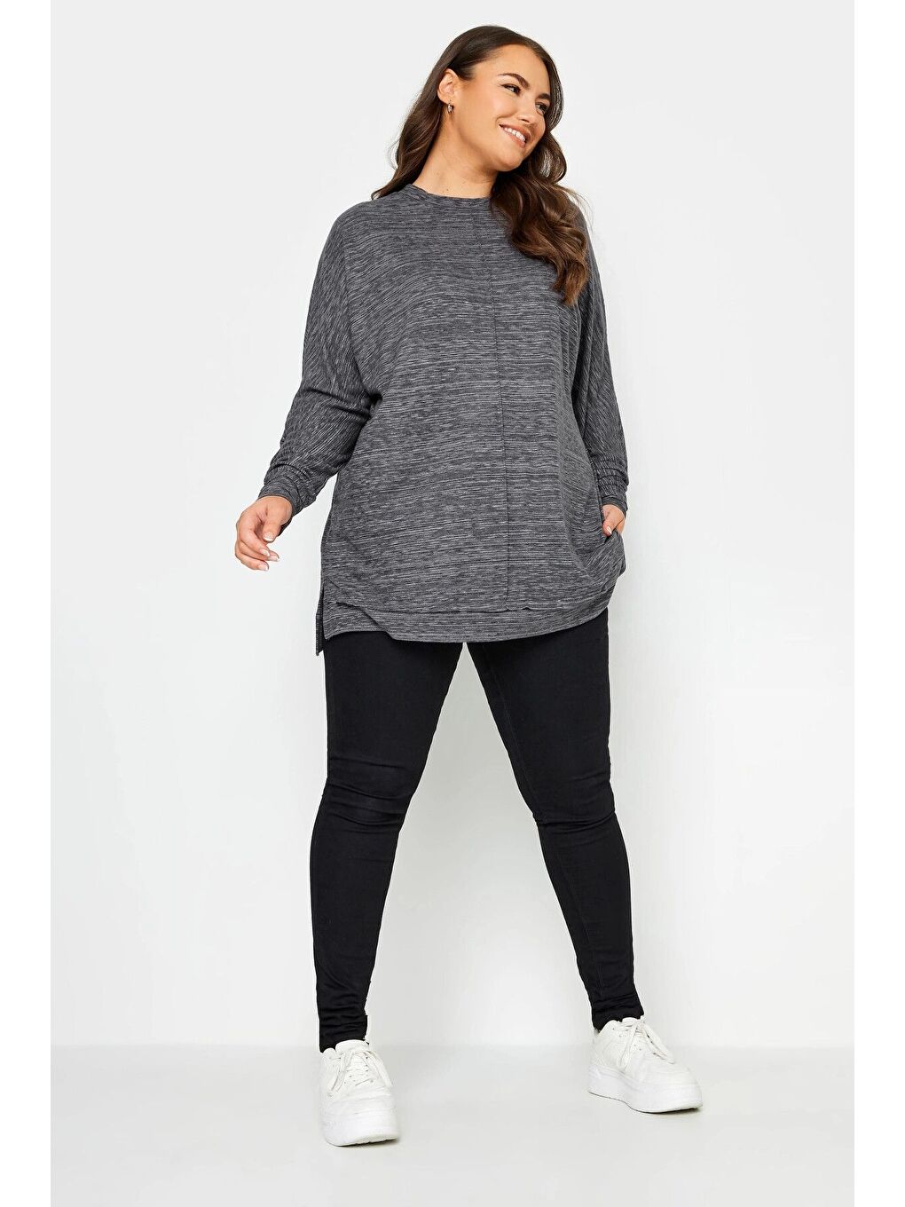 Antrasit Büyük Beden Bisiklet Yaka Uzun Kollu Dikiş Detaylı Bluz 302862-1