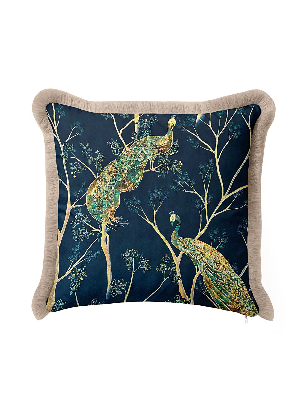 Karışık Lüks Tavuskuşu Motifli Saçaklı Yastık Kılıfı - Zarif Bohem Mavi Altın Renkli Püsküllü Kırlent Kılıfı-1