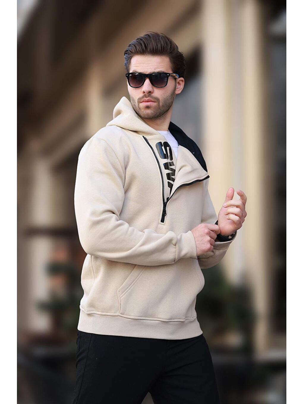 Bej Fermuar Detaylı Kapüşonlu Erkek Hoodie 1767-1