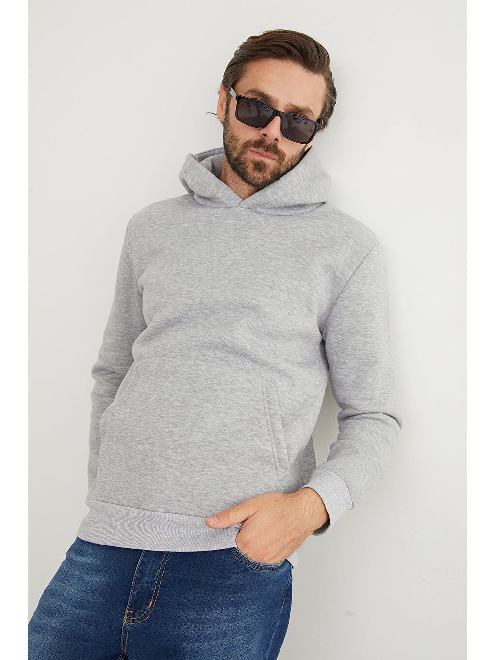 Gri 3 İplik Basic Kanguru Cepli Slim Fit Kapüşonlu Sweatshirt-3