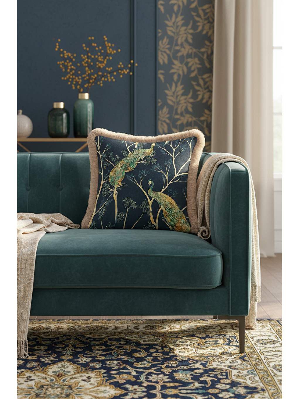 Karışık Lüks Tavuskuşu Motifli Saçaklı Yastık Kılıfı - Zarif Bohem Mavi Altın Renkli Püsküllü Kırlent Kılıfı-2