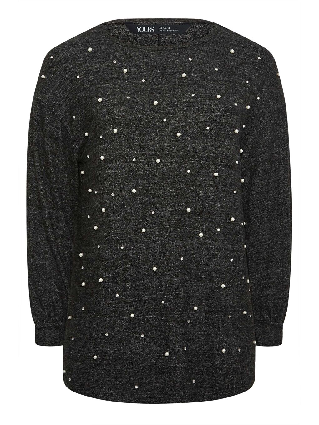 Siyah Büyük Beden Bisiklet Yaka Uzun Kollu İnci İşlemeli Bluz 302623-5